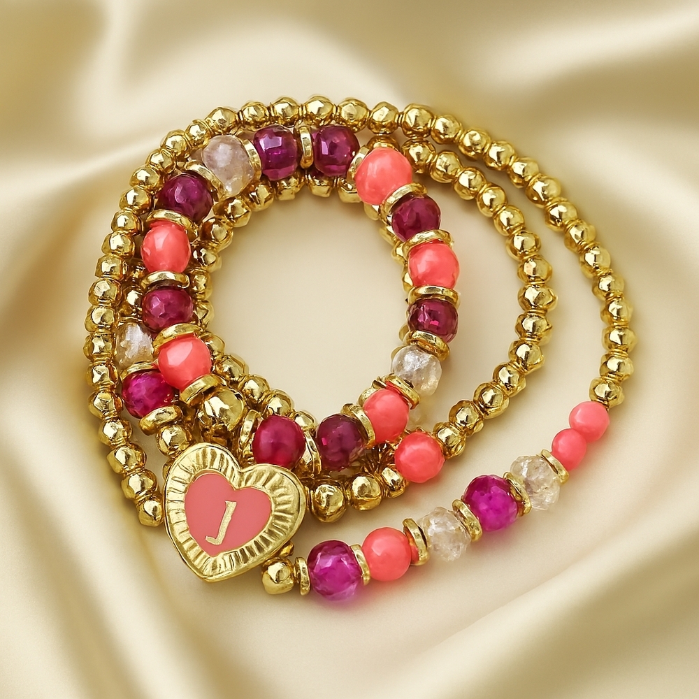 Women's Luxe Gold & Pink Beaded Stretch Bracelet Set  Jewelry – Heart Charm w/ J